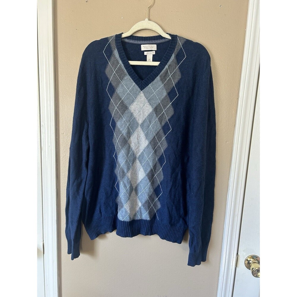 Banana Republic Sweater Men XL Luxury Blend Argyle Navy Cotton Cashmere Y2K 07